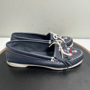 Minnetonka Thunderbird Moccasins Women 10 Navy Blue Leather Beaded Slip-On Shoes